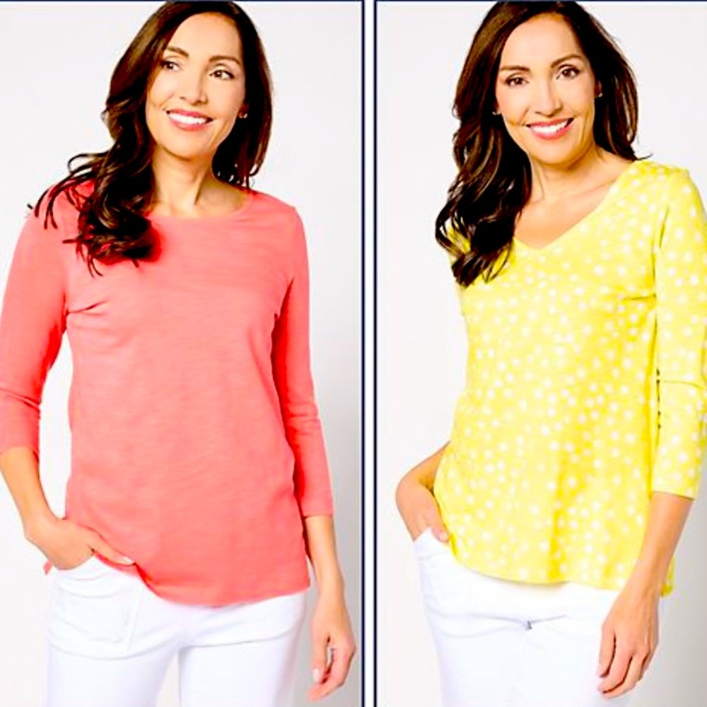 Belle by Kim Gravel Sz XL Slub Knit Set of 2 Tees  3/4 Length Sleeves Crew/Vneck